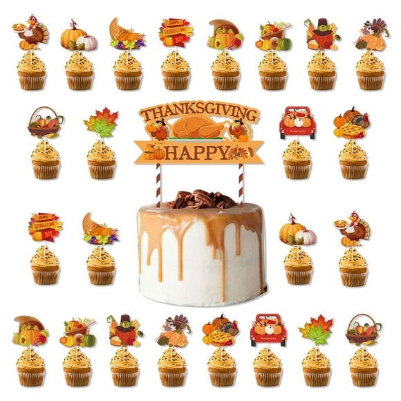 TopLLC 25Pcs Fall Thanksgiving Theme Baking Cake Paper Size Flag Insert Party Decoration Insert Set Supplies Cake insert