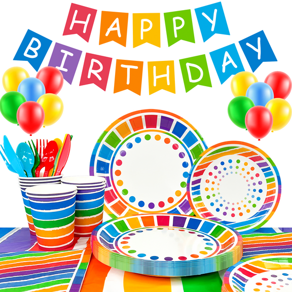 Rainbow Party Supplies,166pcs Rainbow Party Decorations & Tableware Set - Rainbow Party Plates Napkins Cups & Rainbow Birthday Decorations Balloons Banner