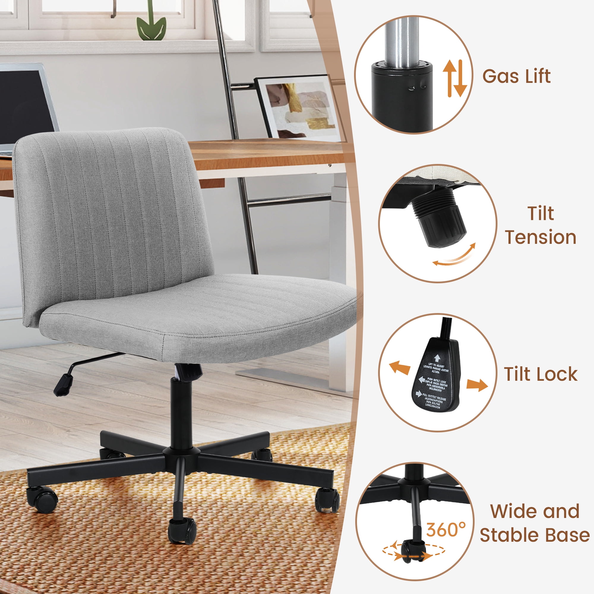 TUAREX Criss Cross Rolling Chair, Wide Seat Armless Office Chair with Wheels, Plus Size Comfort for Desk, Vanity or Bedroom, Grey