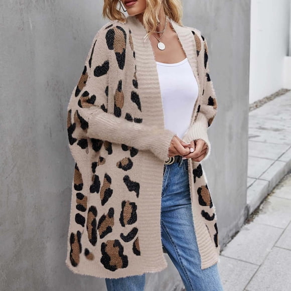 LOVZFMLL Jackets for Women's Large Cardigan Coat Personalized Leopard Pattern Knitted Sweater