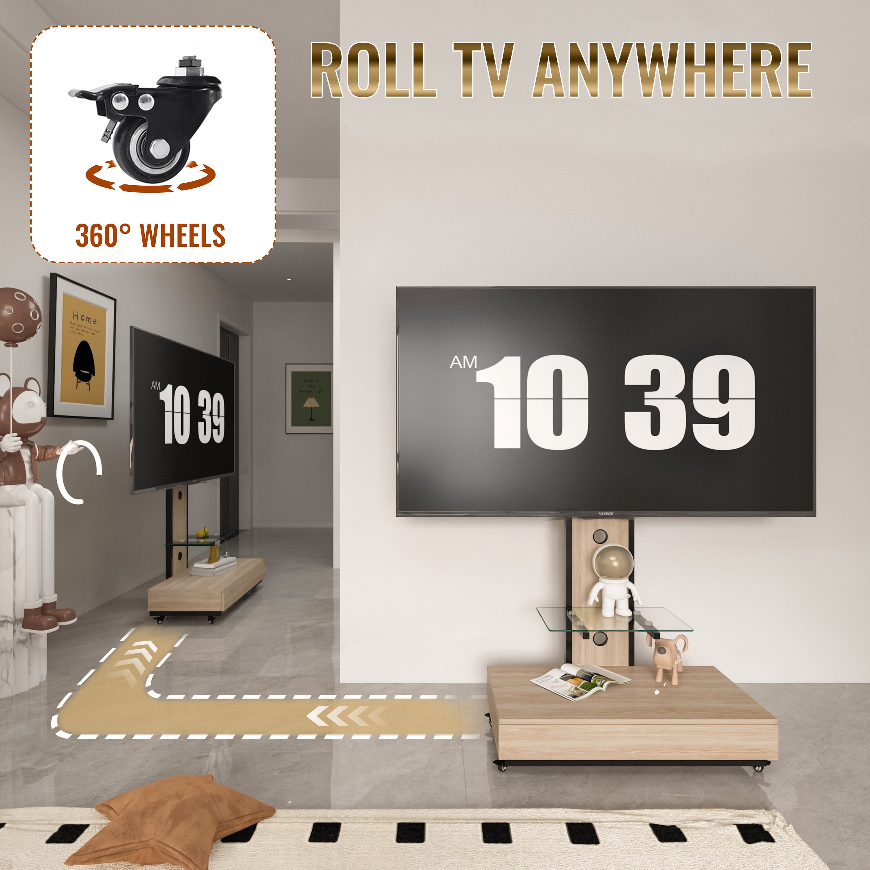 Homy Casa Mobile TV Stand for 32-75 Inch TVs with Wheels, Swivel Adjustable Height Glass Shelf and Storage Drawer