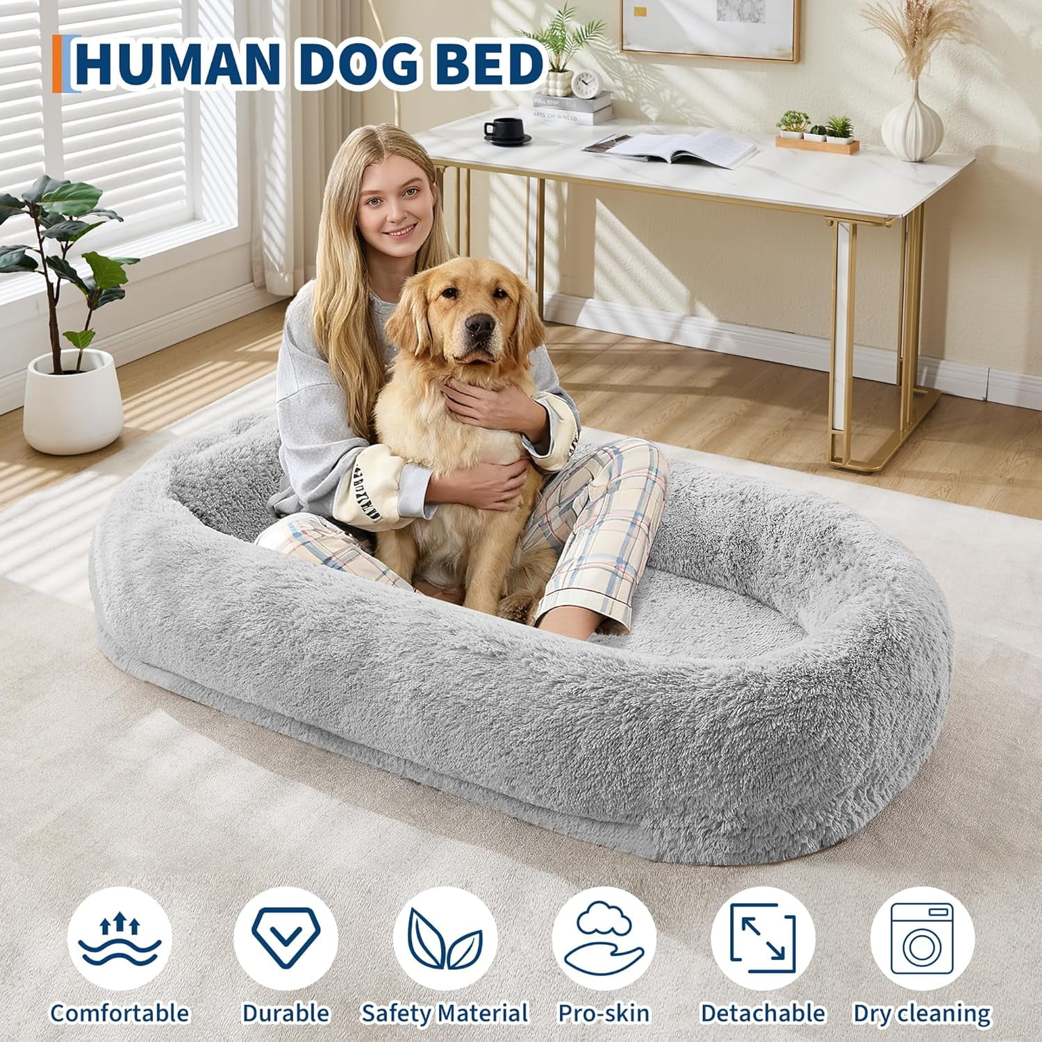Acekid Human Dog Bed 67 Inch Adult Pets No Assembly Required Washable Fluffy Faux Fur Orthopedic Dog Bed Plump Pi