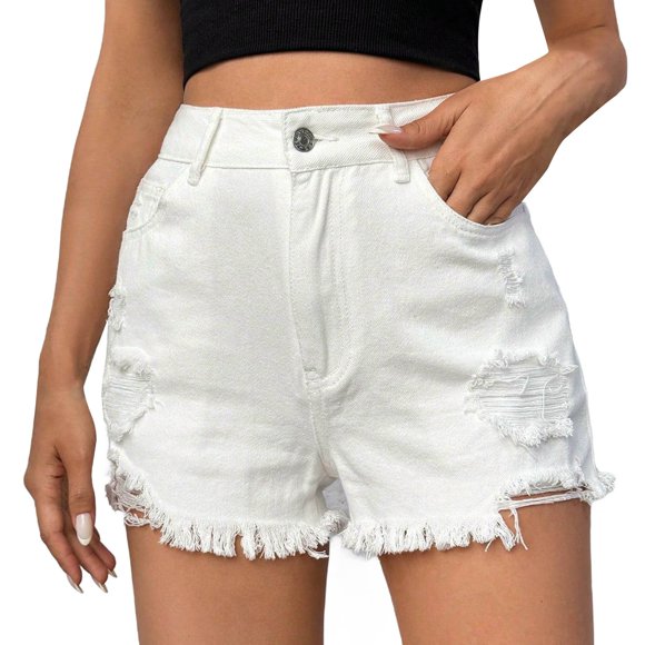 ManxiVoo Women's Comfortable Stretch Denim Shorts with Distressed Details and Practical Pockets S Size White