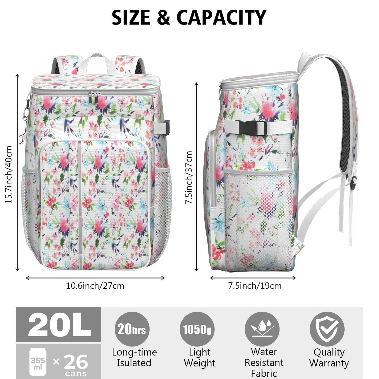 Travel Cooler Bag - Pioneer Flower Floral Print Pattern Camping Beer Cooler Backpack with Bottle Opener- Waterproof Insulated Picnic Backpacks - Cooler Bag for Beach