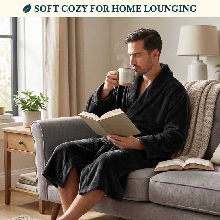 Pavilia Men's Lightweight Fleece Bathrobe, Black photo 3