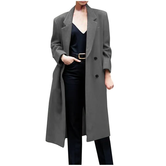 XFLWAM Women's Double Breasted Wool Blend Coat Notched Lapel Peacoat Winter Long Trench Coat Jacket