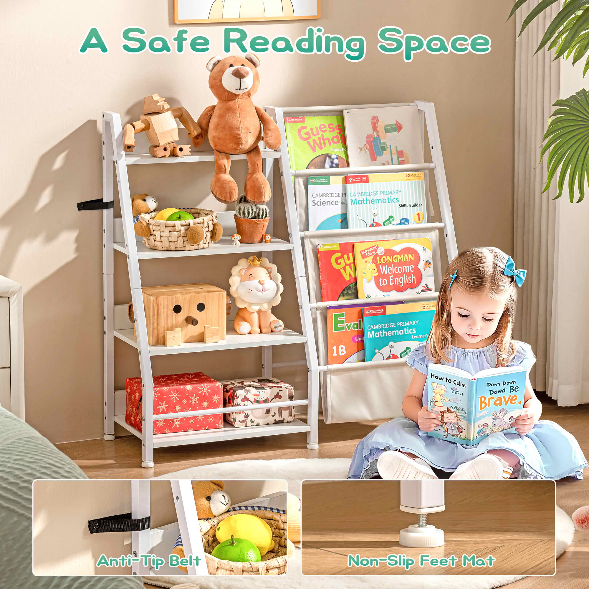 MAYEERTY White Metal 4-Tier Kids Bookshelf, 4 Sling Pockets for Playroom Bedroom
