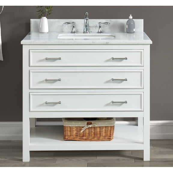 Manhattan 36" Single Bathroom Vanity, 37" W x 22" D x 34.5" H, Carrara Marble Top with Sink & Backsplash, Dove White, Solid Wood, Pre-Assembled, 3 Soft-Close Drawers,1 Shelf