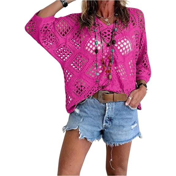longantii Womens Crochet Cover Up Tops Summer Short Sleeve Hollow Out Sweater Shirts Boho Beach Swimsuit Coverups Hot Pink XXL