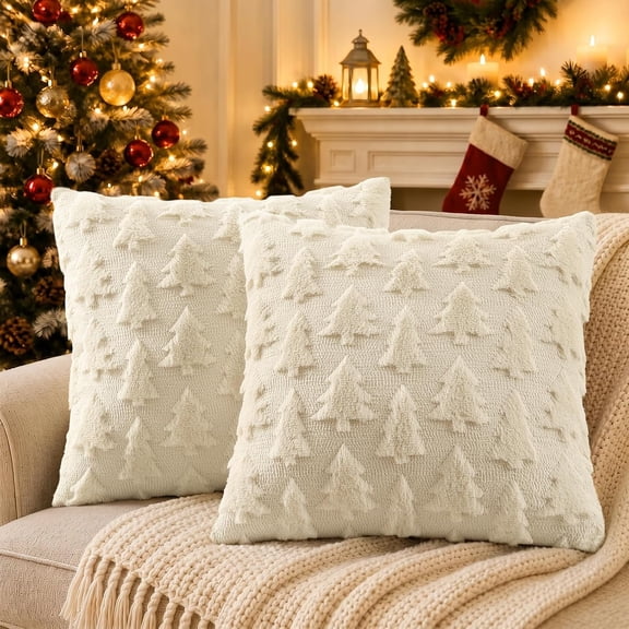 Smile Bee 18x18 Beige Christmas Tree Throw Pillow Covers Set of 2, Soft Plush Faux Wool Decorative Pillow Covers for Sofa Bedroom