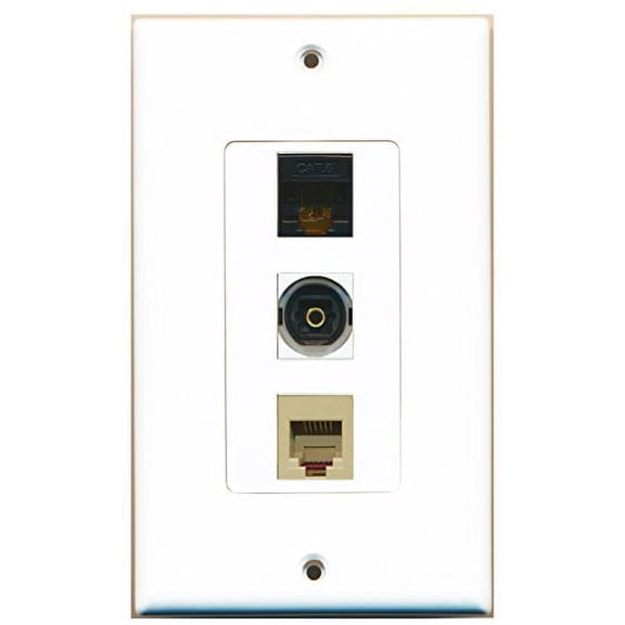 RiteAV - 1 Port Phone RJ11 RJ12 Beige and 1 Port Toslink and 1 Port Cat6 Ethernet Black Decorative Wall Plate Decorative