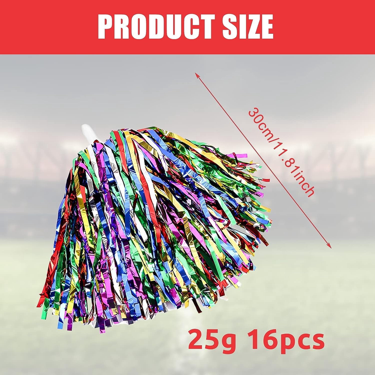 LINLIN Pack of 16 cheerleader pompoms, cheerleading pom poms with handles, hand flowers metal foil cheers ball, cheer poms, cheerleading pompoms for sports events, ball games, dances, carnival parties