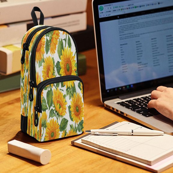 Backpack Pencil Case, 3 Compartment Large Capacity Oxford Fabric Pencil Pouch / Sunflower Cluster Print