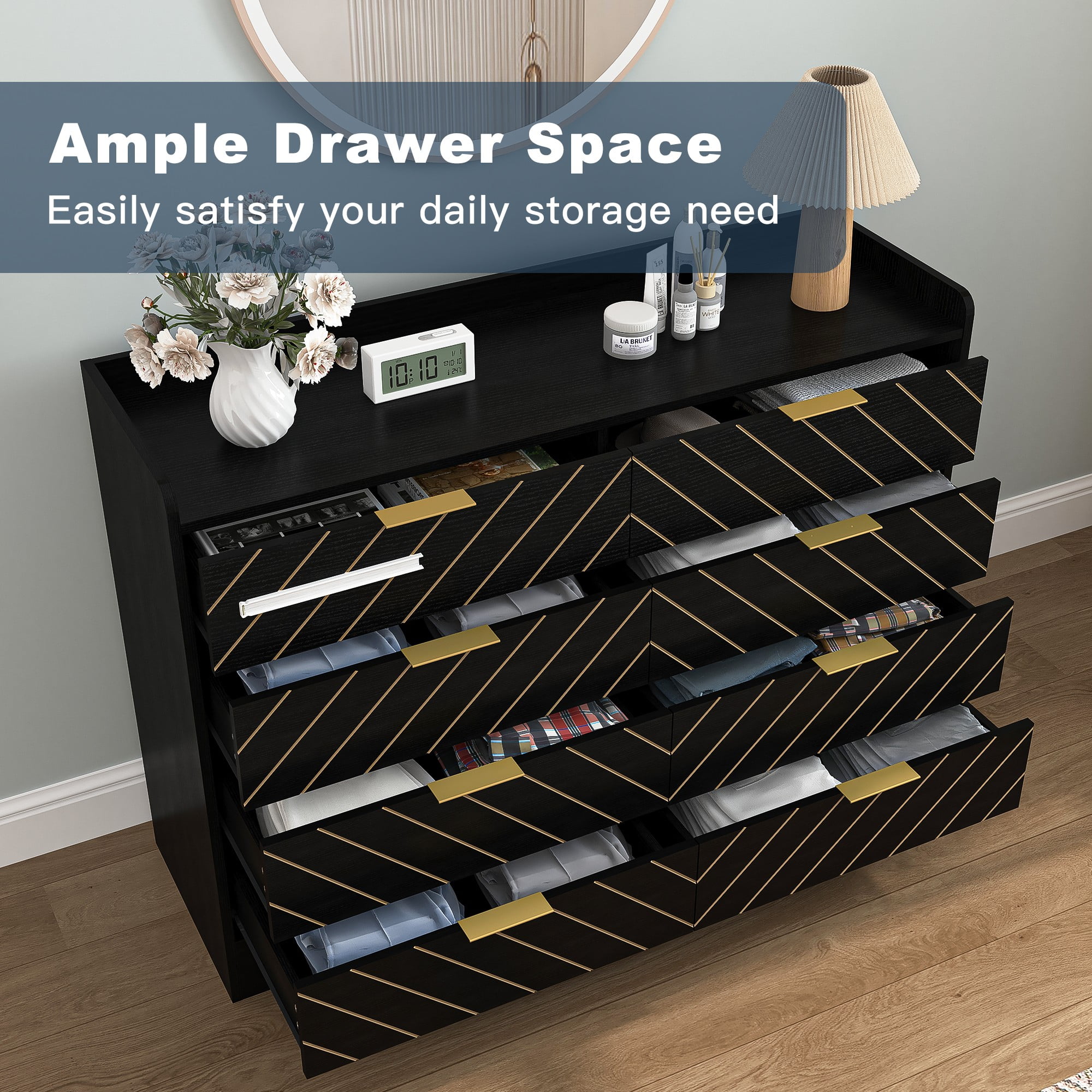 Finihen Modern 8 Drawer Dresser, Wood Chest of Drawers Storage Organizer with Metal Gold Handles for Bedroom, Living Room, Hallway, Entryway, Black Finihen Modern 8 Drawer Dresser, Wood Chest of Drawers Storage Organizer with Metal Gold Handles for Bedroom, Living Room, Hallway, Entryway, Black