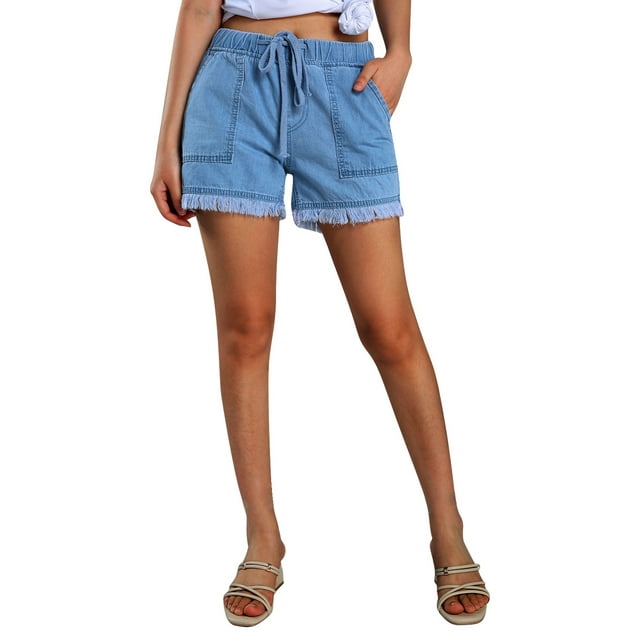 Kmbangi Women Washed Denim Shorts Elastic Waist Frayed Hem Loose Short Jeans