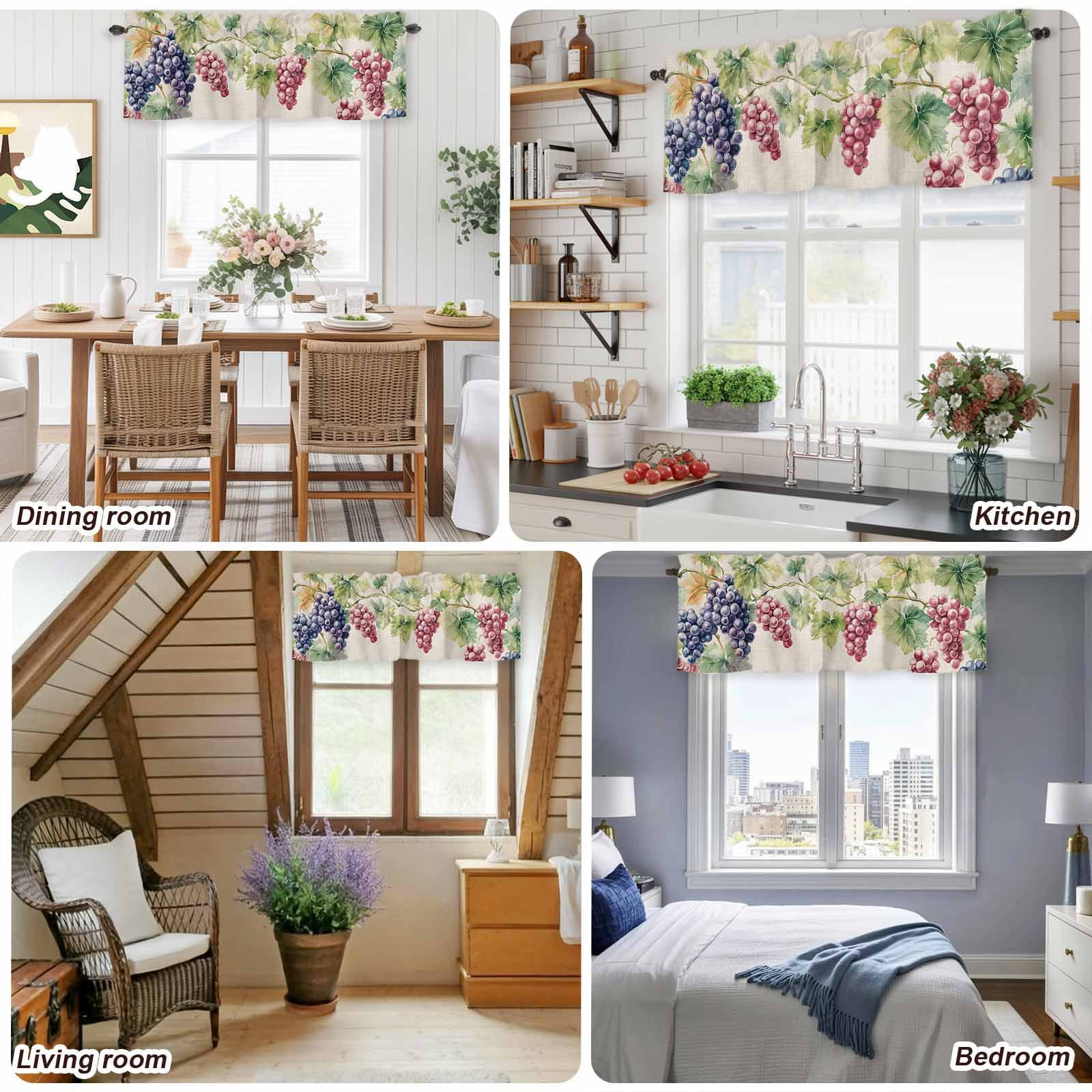 Spring Watercolor Grape Leaves Valances for Windows,Rod Pocket Valance for Kitchen Bedroom Bathroom Living Room, Country Vine Retro Linen Window Valance Curtain Short Curtains 60x18in