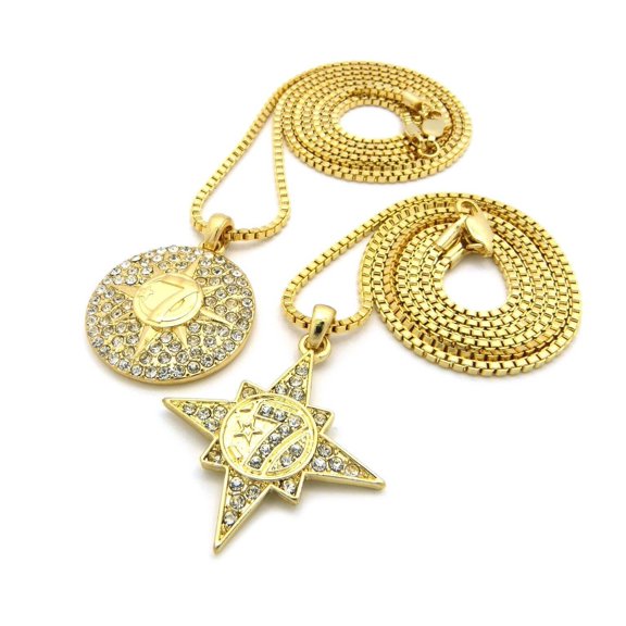 Iced Cubic Zirconia Gold Plated 5 PERCENTER 7 STAR Pendant Charm & 2mm 20" 24" Brass Box Chain Hip Hop Jewelry 2 Necklace Combo Set