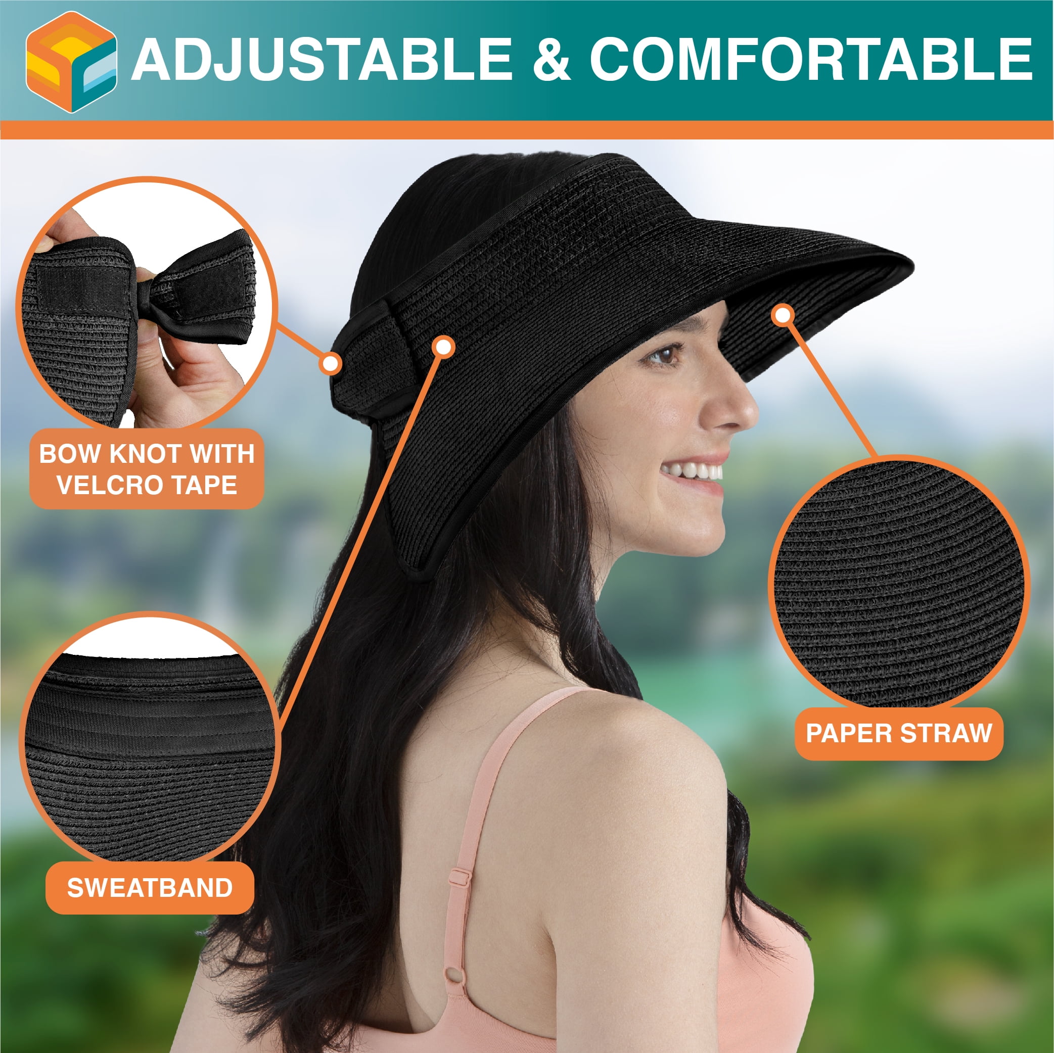 Poly-Straw Wide Brim Sun Hat with Adjustable Drawstring, Packable for Travel SUN CUBE Sun Visor Hats Women, Straw Beach Hats for Djibouti  main image 2