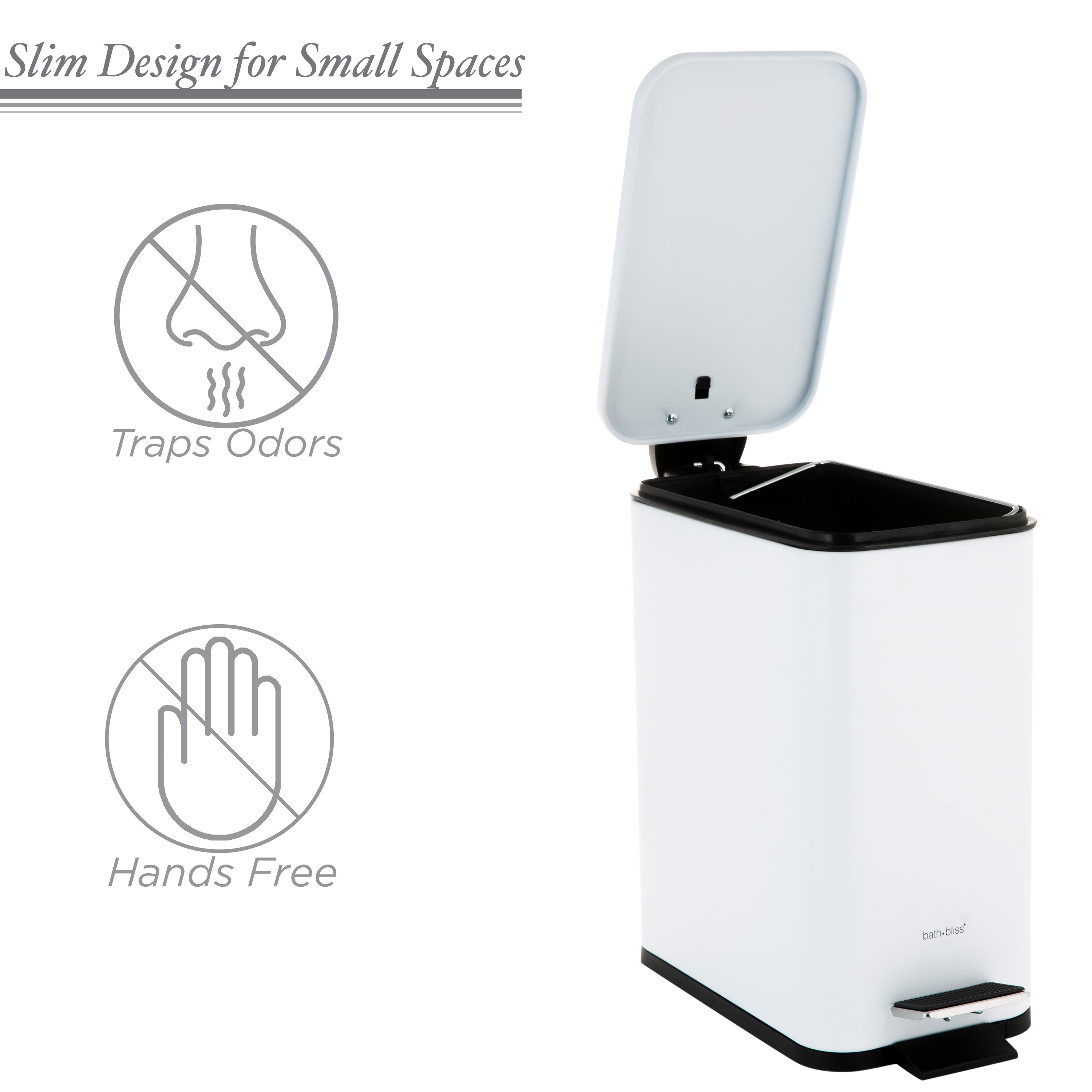 Bath Bliss Slim 1.3 gal Iron Step Pedal Bathroom Wastebasket with Soft Close Lid, White