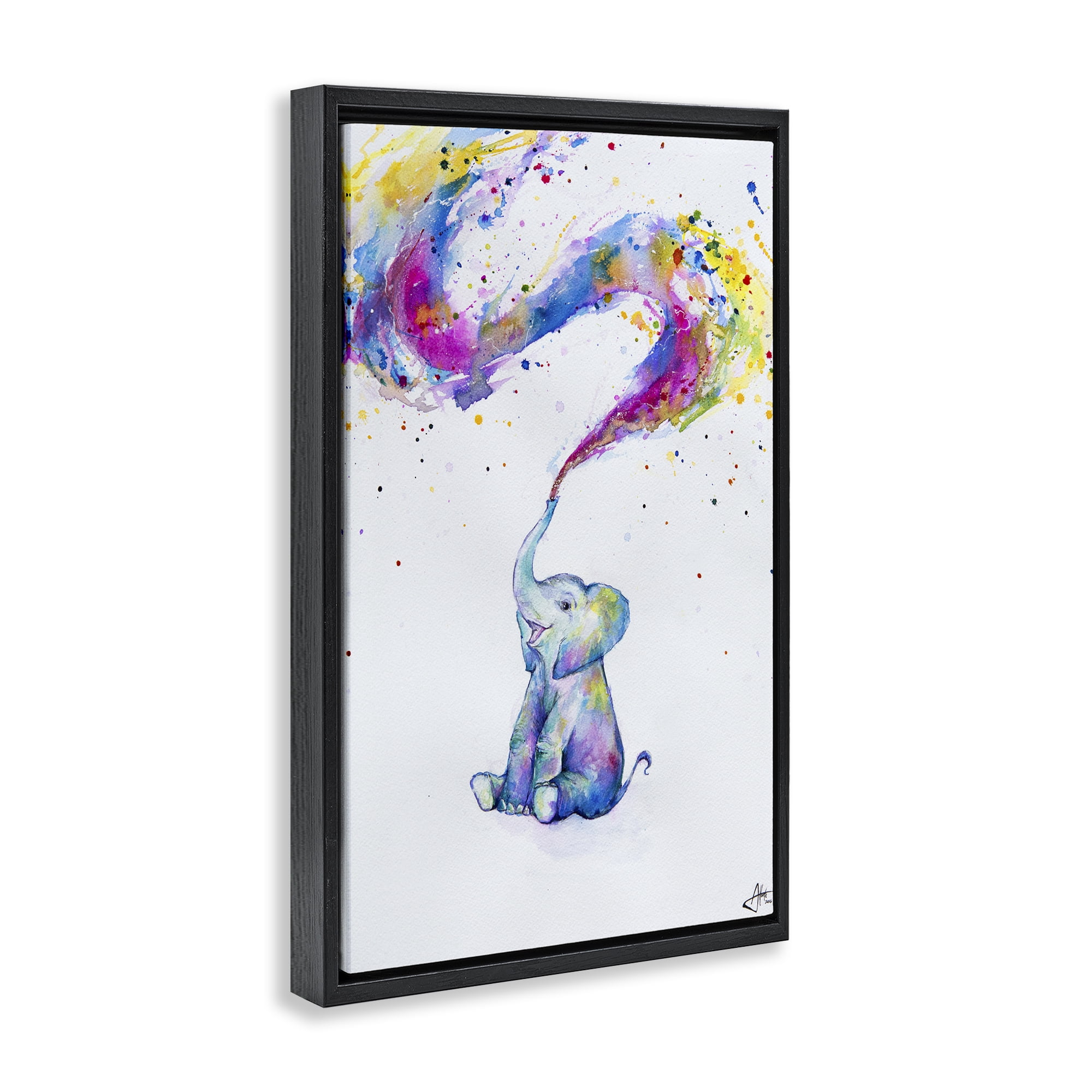 Stupell Industries Spring Elephant & Paint Splatter Black Framed Floater Canvas Wall Art, design by Marc Allante