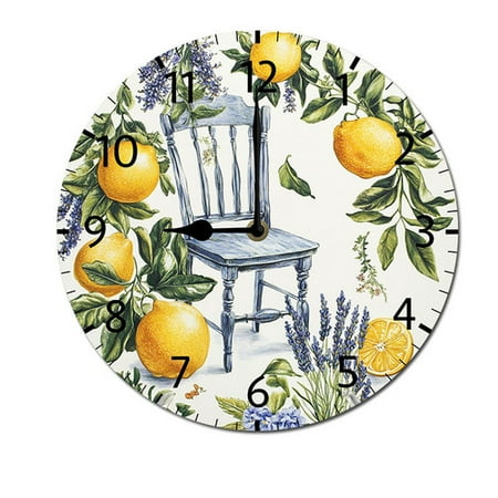 ZXCXRQFa Clock Rustic Lemon Lavender Wall Clock Vintage Battery Operated Silent Non Ticking Round Wooden Wall Clocks Decorative for Kitchen Living Room Bedroom Office Garden Outdoor 17 Inch