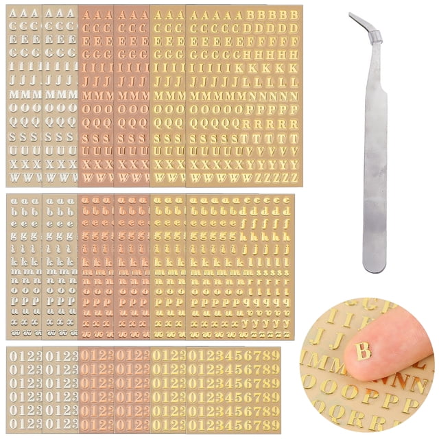 18 Sheets Resin Alphabet Number Stickers, Mini Letter Number Stickers with Tweezers, Metallic Letter Sticker for DIY Crafts Scrapbooking and Greeting Cards Gold/Silver (3mm)