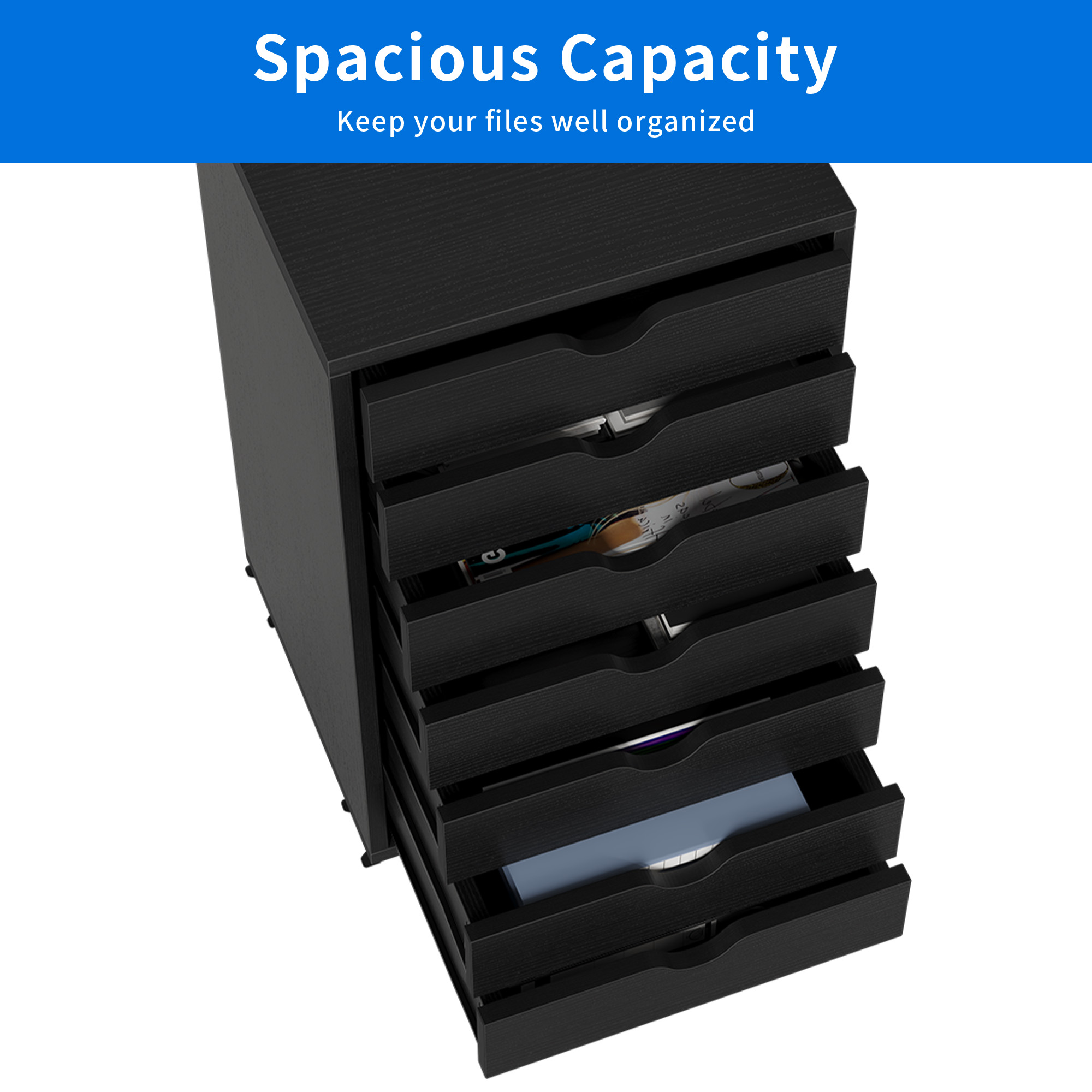 Dextrus 7-Drawer File Cabinets Office Wooden File Cabinet Chest Mobile Organizer Storage Rolling Storage Drawer Cabinet, Black