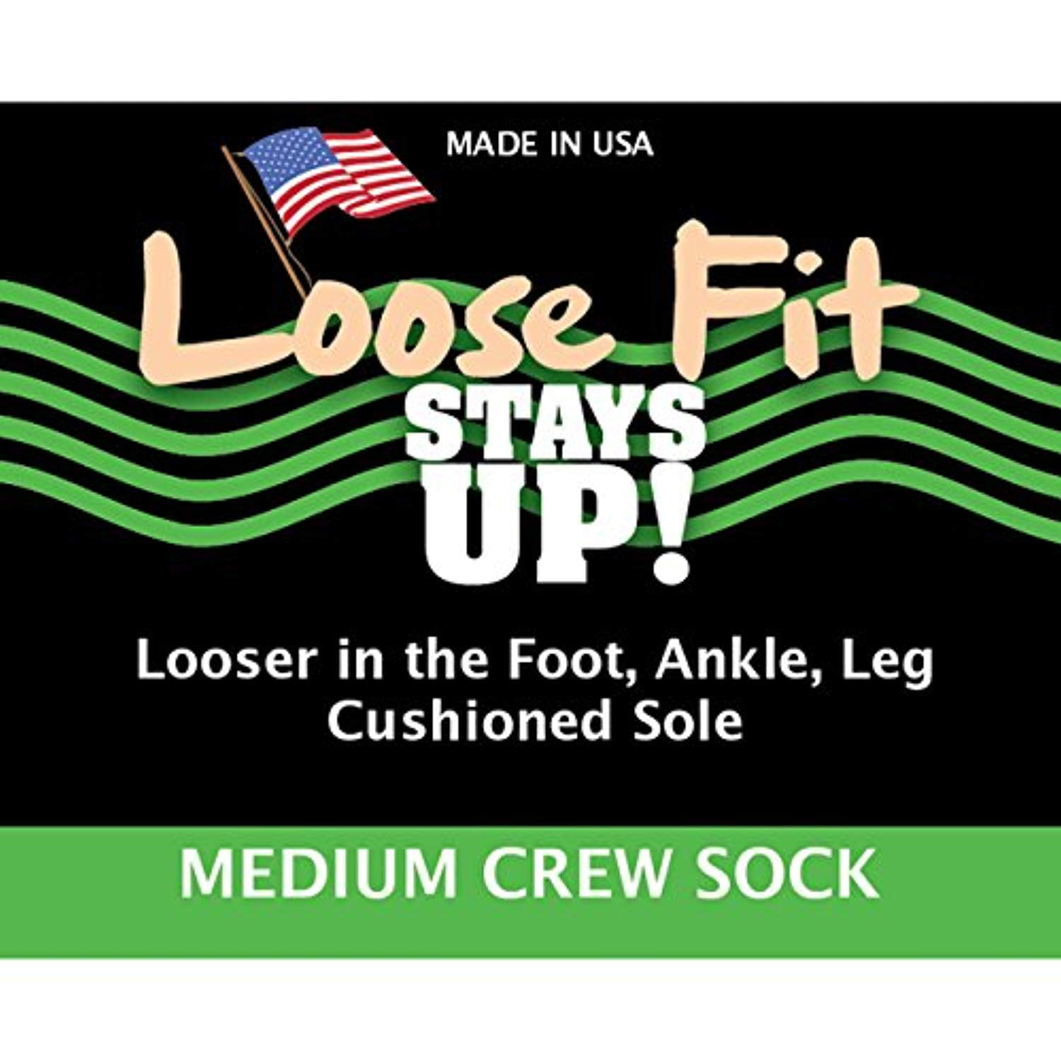Loose Fit Stays Up Men's and Women's Casual Crew Socks (Pack of 3) Made in  USA! Cushioned Sole 