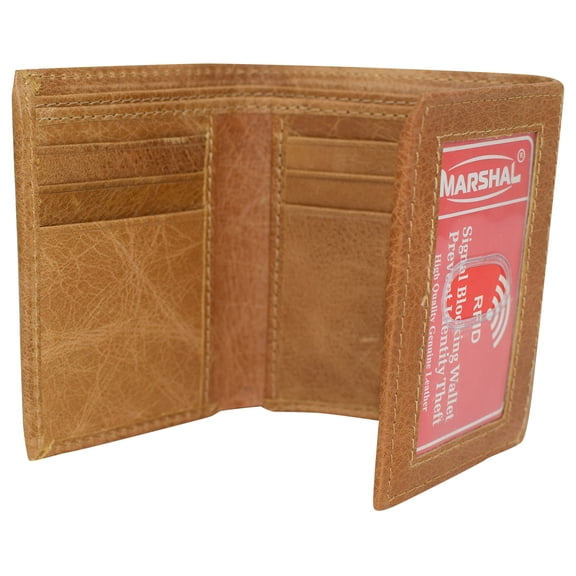Marshal RFID Blocking Men's Cowhide Leather Outside ID Credit Card Holder Trifold Tan Wallet