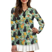Yuyamidu Black Cat Long Sleeve Golf Shirts for Women Colorful Flowers Tennis Tops Casual Quarter Zip Athletic Shirt Slim Fit Activewear Size M