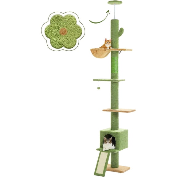 Cat Tree Floor to Ceiling,Cactus Tall Cat Tower, Adjustable Height (83''-108'') 5 Tiers Climbing Tree for Indoor Cats with Cat Condo, Scratching Post and Ladder, Green