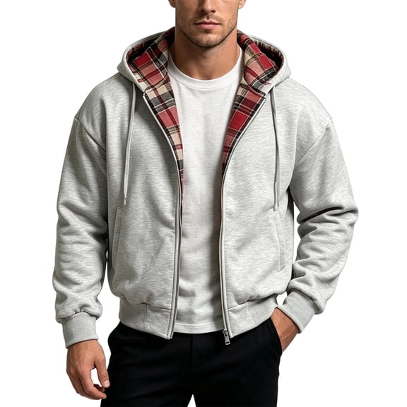 UVEASISHA Mens Plaid Zip Up Hoodie Oversized Casual Athletic Jackets Full Zip Lightweight Hooded Jacket Loose Fit Long Sleeve Outerwear Coat for Weekend Outing Red XL