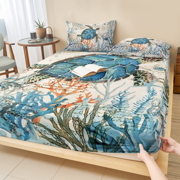Queen Size Fitted Sheet Set - Ocean Turtle 3 Piece Bedding Sets 16" Deep Pocket Fitted Sheet with 2 Pillowcases, Coastal Nautical Coral Starfish Blue Brushed Microfiber Hotel Luxury Bed Sheets