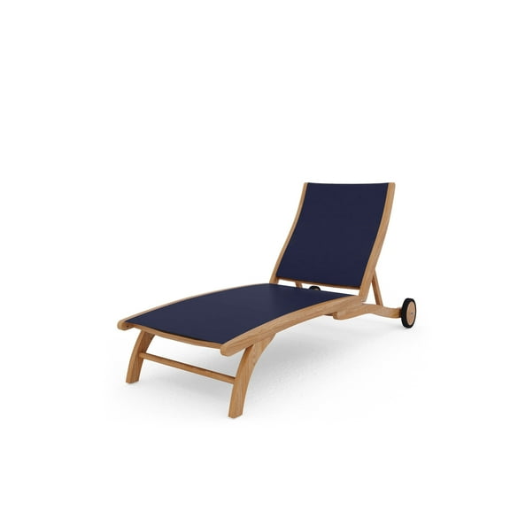 Perrin Teak Outdoor Reclining Chaise Lounger in Blue with Wheels