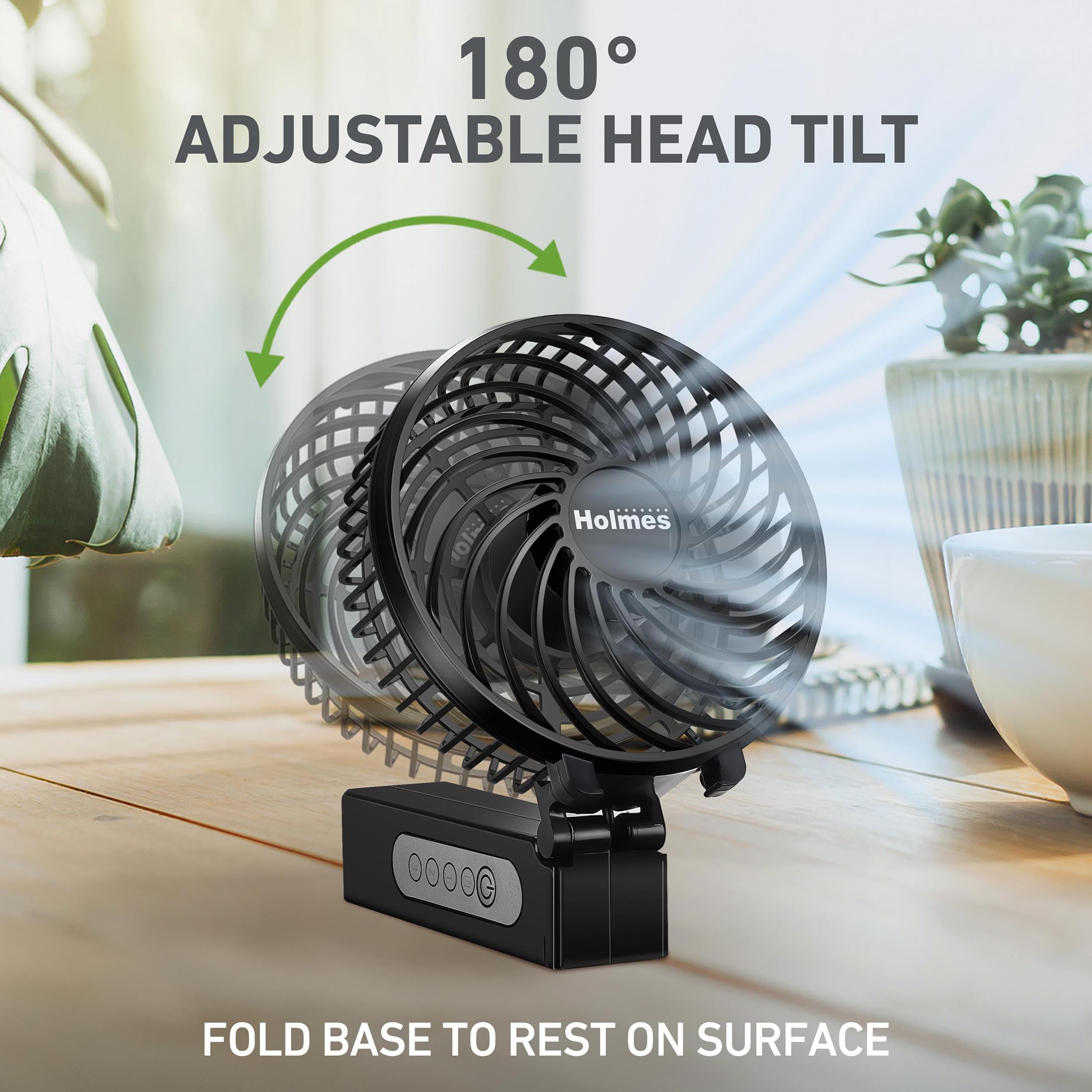 Holmes 4" Rechargeable Handheld Fan, 3-Speed, USB-C, 180° Tilt, Portable, Black