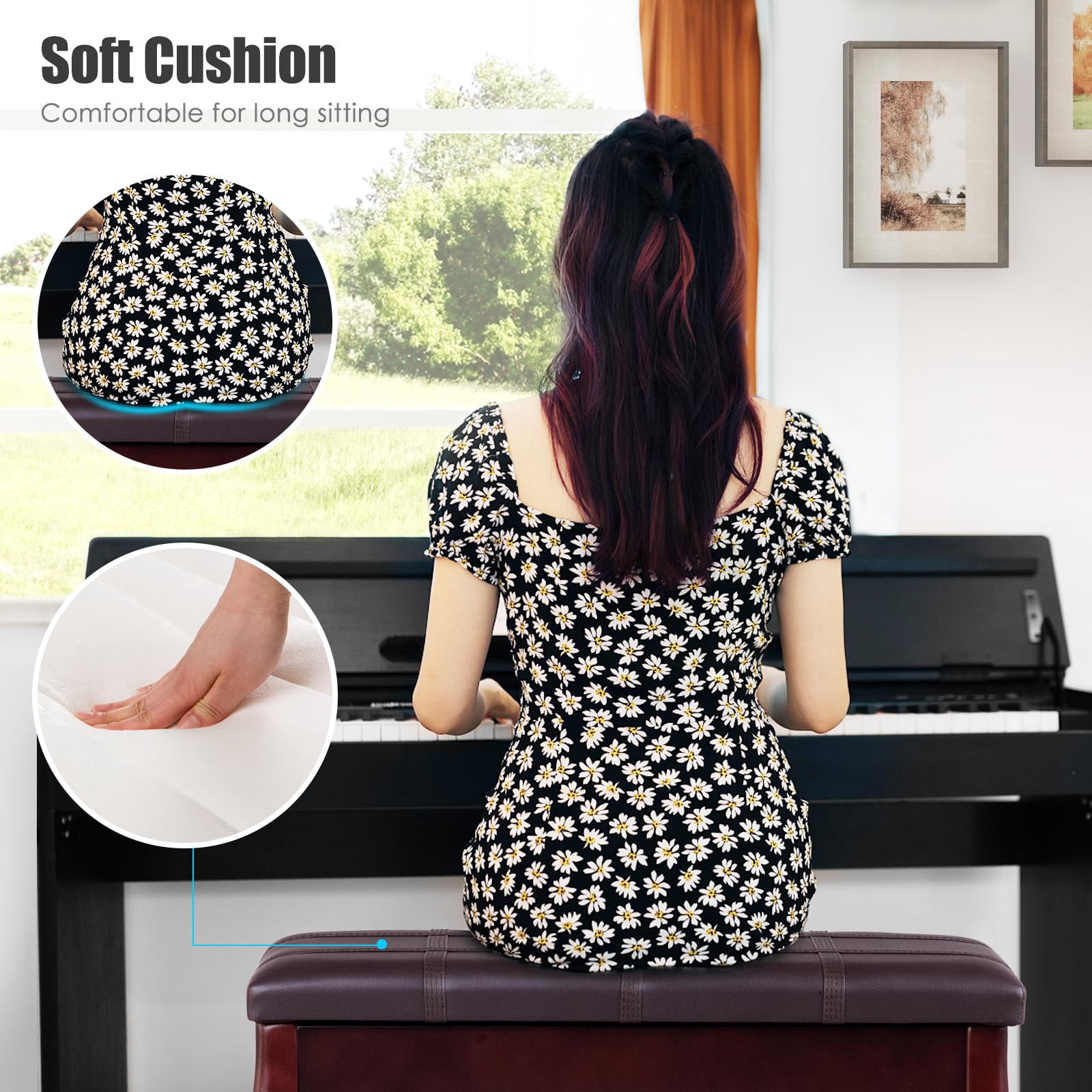 Giantex Piano Bench Stool, Heavy Duty Piano Duet Seat w/Padded Cushion, Music Storag & Solid Wooden Legs, Brown