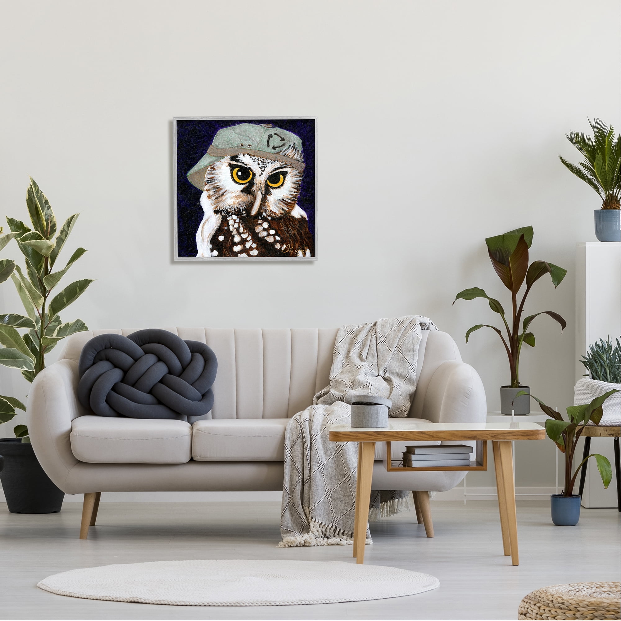 Stupell Industries Owl Wearing Hat Animals & Insects Painting Gray Framed Art Print Wall Art, 24 x 24