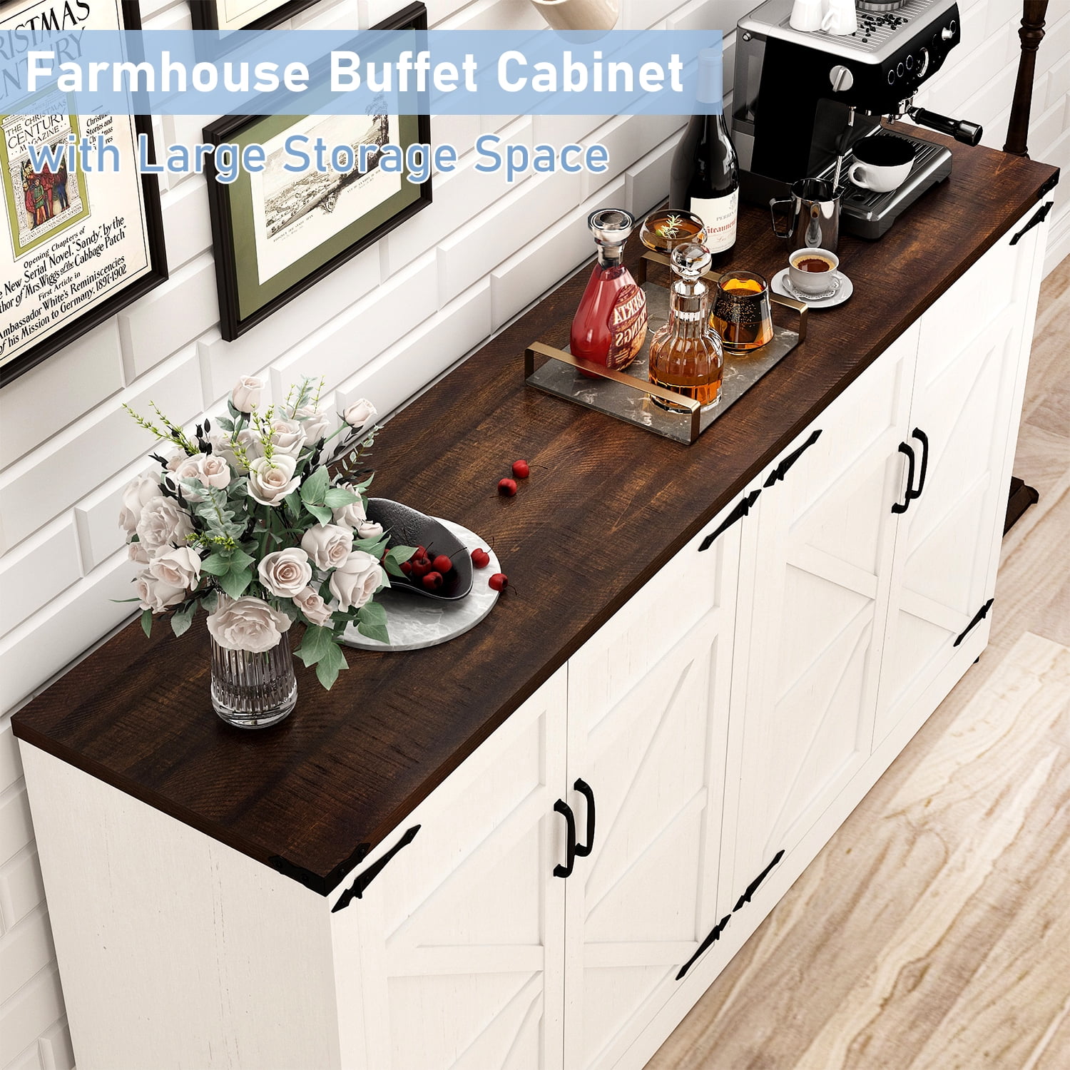 Blotout 65" Kitchen Modern Sideboard Buffet Cabinet Engineered Wood White Brown