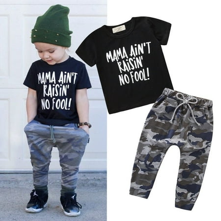 2PCS Toddler Baby Boys Summer Outfits Clothes Casual T-shirt Camo Pants Set