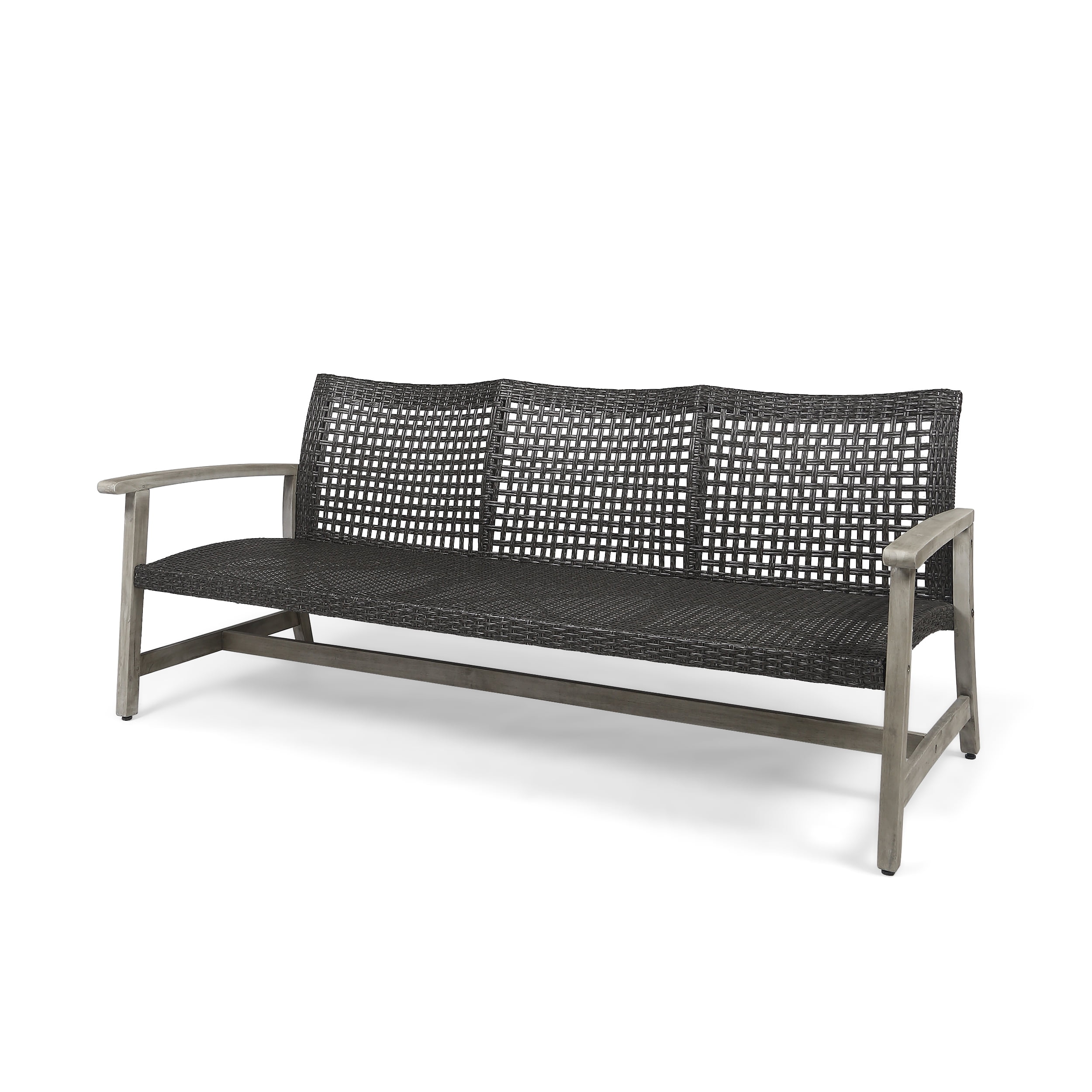 Euroco Outdoor 3-Seater Sofa with Wicker Seat, Acacia Wood Frame, and Iron Base – Weather-Resistant Patio Couch