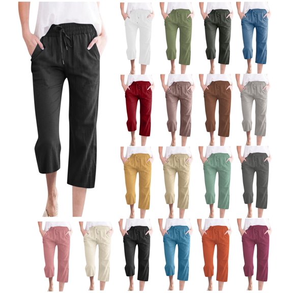 Women's Drawstring Waist Capri Pants,Casual Cropped Trousers with Pockets for Summer and Everyday Wear,Black,Women's Capri L
