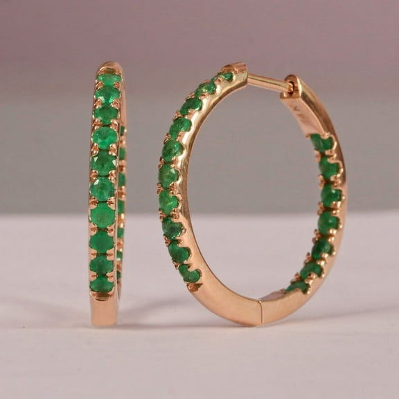 Emerald Large Inside Out Side Hoop Earrings, 925 Starling Silver Earring, Round Emerald Huggie Hoops, Christmas Gift For Her