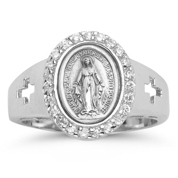 Sterling Silver Miraculous Medal Ring with Crystal Cubic Zircon, Size 8