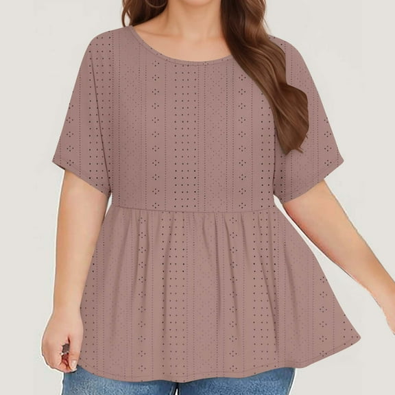 Frostluinai Womens Plus Size Tops Short Sleeve Eyelet Embroidery Tunic Shirts Crew Neck Solid Color T Shirts Casual Vacation Blouses Tees