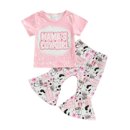 

wybzd Toddler Western Baby Girls Clothes Set Letters Print Short Sleeve Tops Bell-Bottoms Pants Cowgirl Outfits 12-18 Months