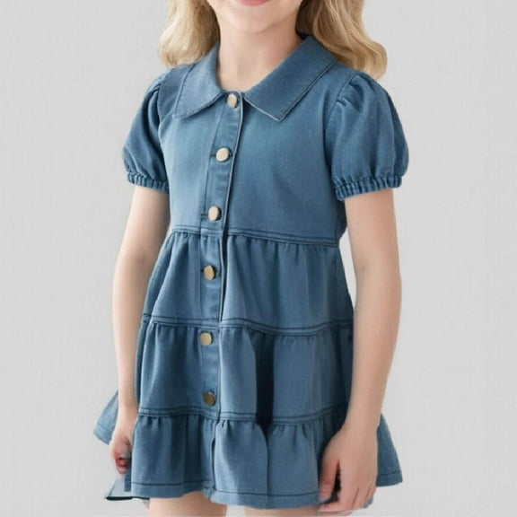 Jinhomg Summer Denim Dress for Girls Cute Puff Sleeve Tiered Dresses Casual Comfy Lapel Collar Button Midi Dress 2025 Fashion Jean Dress Navy 1-2 Years