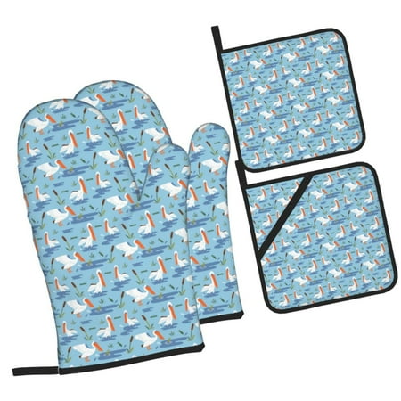 

Balery Pelican Reed And Fish Pattern Oven Mitts and Pot Holders 4 pcs Set Kitchen Oven Glove High Heat Resistant 500℉ Oven Mitts with Non-Slip Silicone Surface
