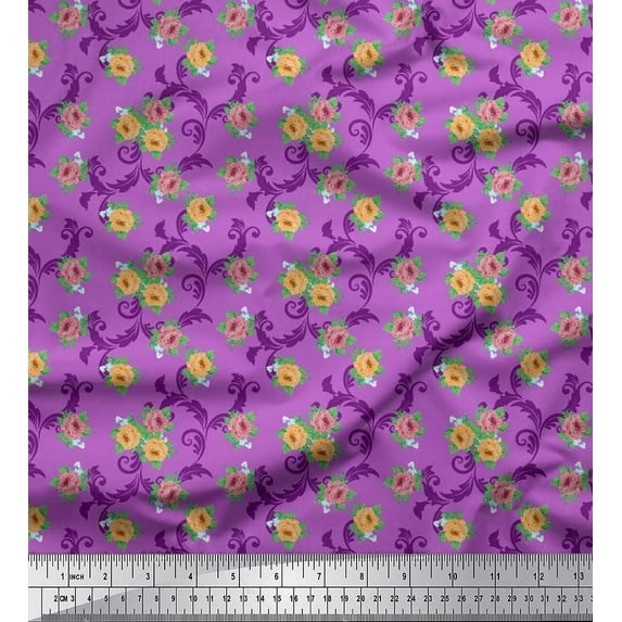 Soimoi Rayon Fabric Swirl,Leaves & Rose Floral Fabric Prints By Yard 42 Inch Wide
