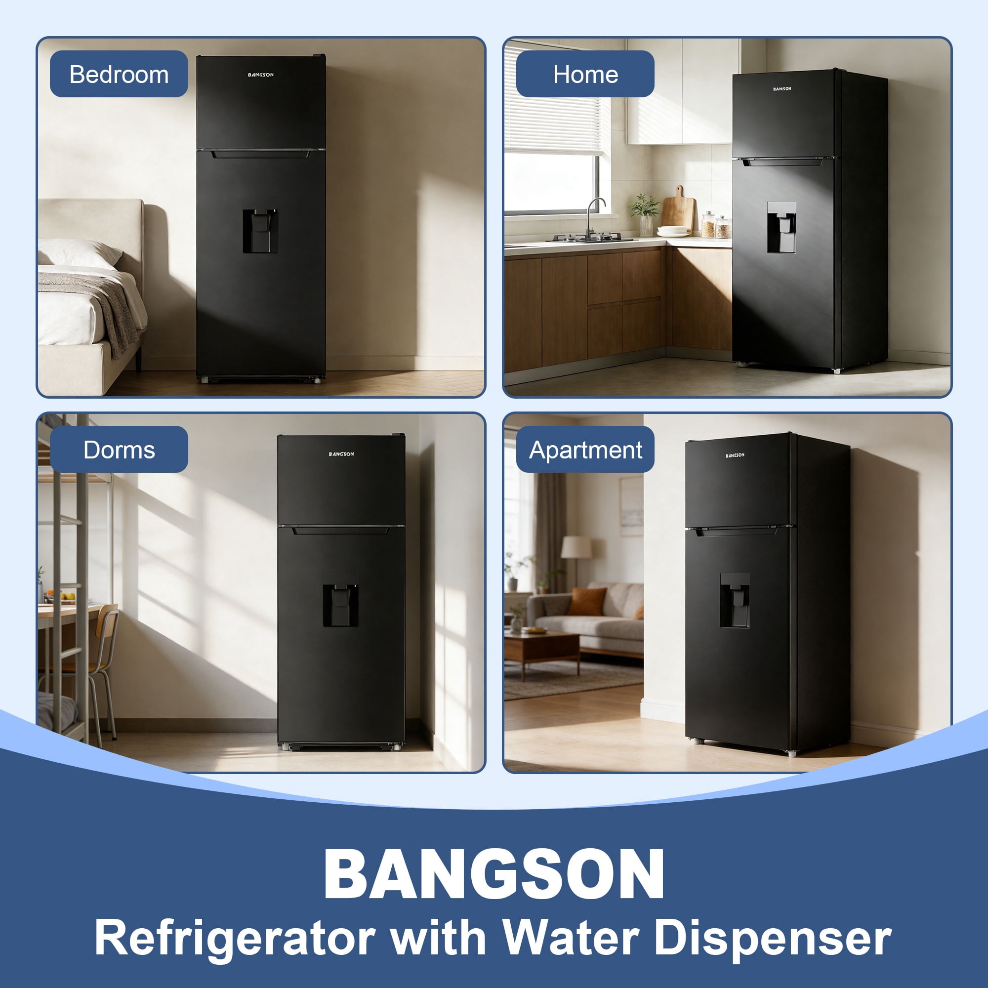 BANGSON 7.3 Cu.ft Refrigerator with Water Dispenser & Freezer, Compact Apartment Fridge with Adjustable Thermostat for Office, Kitchen, Home ,Black