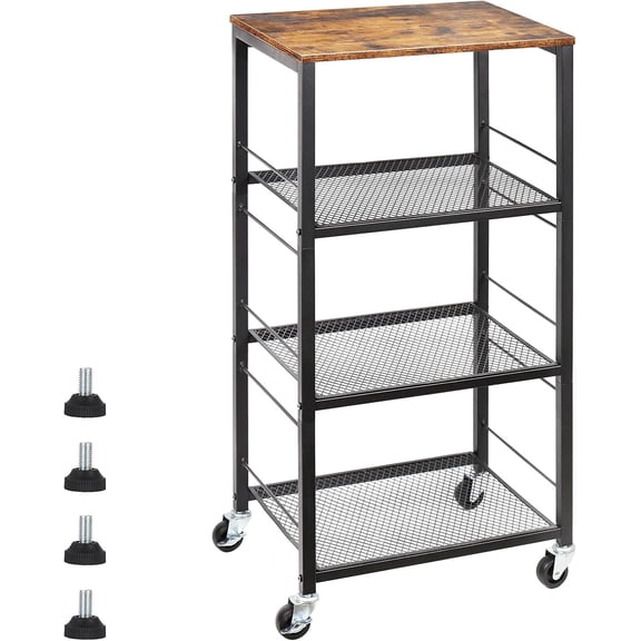 4-Tier Industrial Kitchen Baker's Rack with Wheels | Wood & Metal Microwave Cart Storage Trolley for Kitchen, Bedside, Bathroom & Office